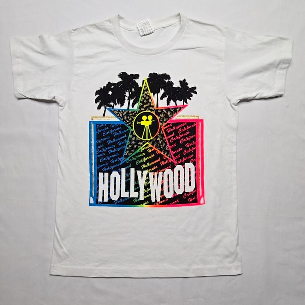 Hollywood California Shirt Neon Star Mens Medium White Graphic Tee